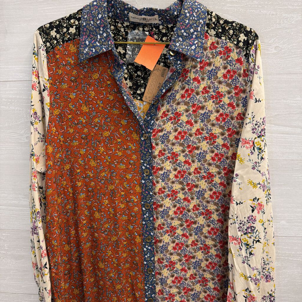 Natural Life Cream/ Multi Floral Print Long Sleeve Button Down Maxi Dress Large