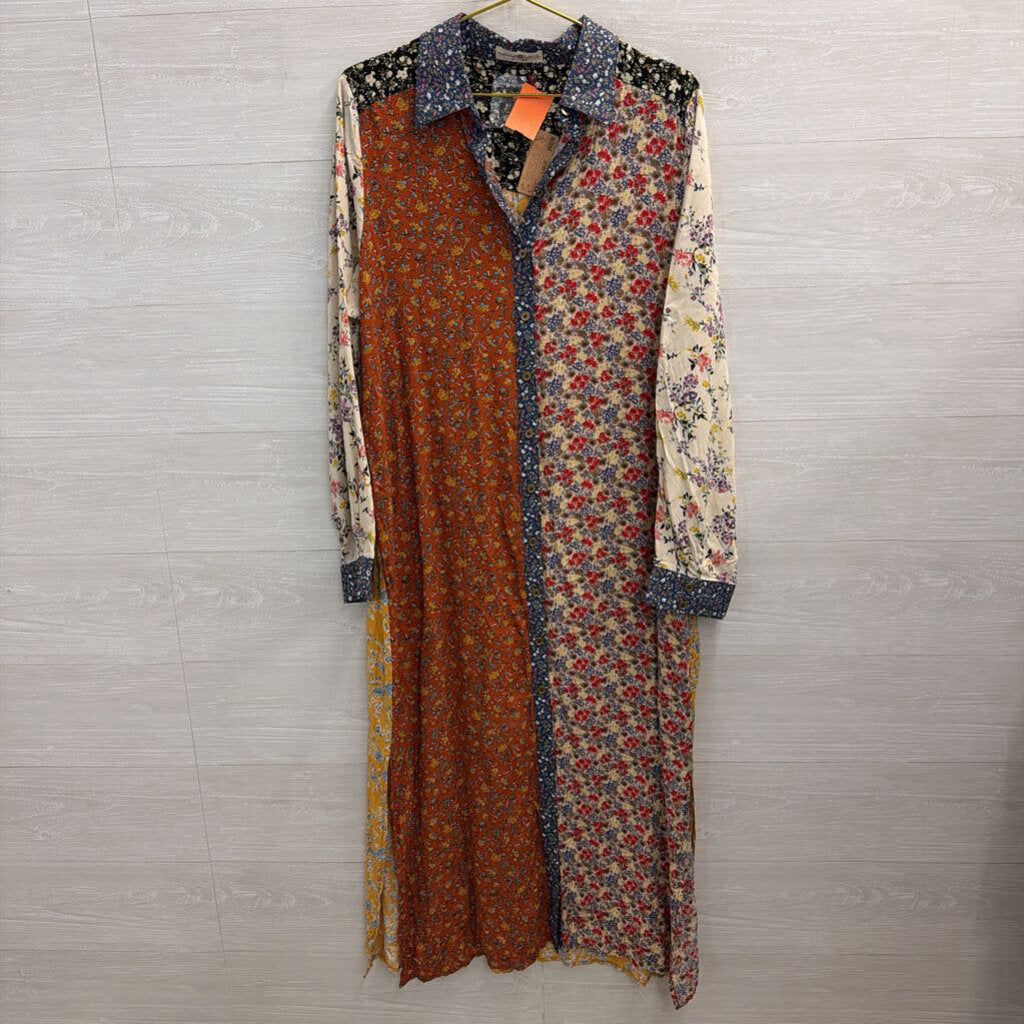 Natural Life Cream/ Multi Floral Print Long Sleeve Button Down Maxi Dress Large
