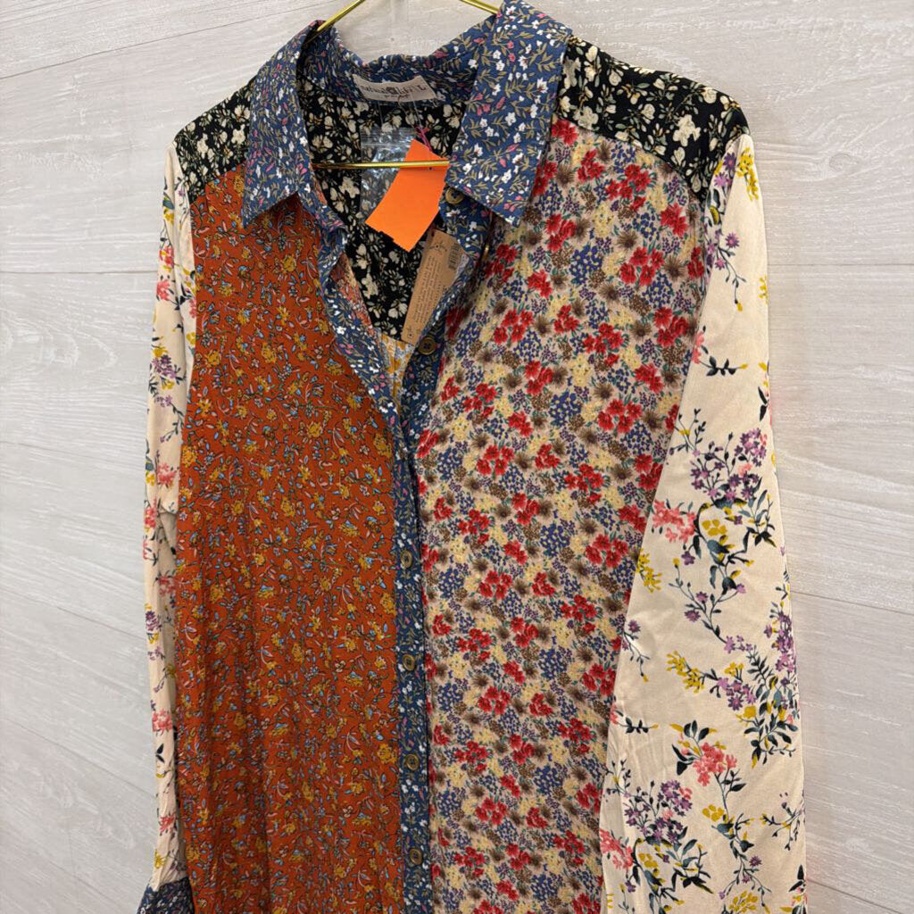 Natural Life Cream/ Multi Floral Print Long Sleeve Button Down Maxi Dress Large