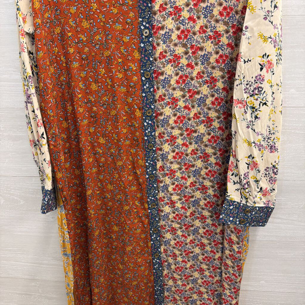Natural Life Cream/ Multi Floral Print Long Sleeve Button Down Maxi Dress Large