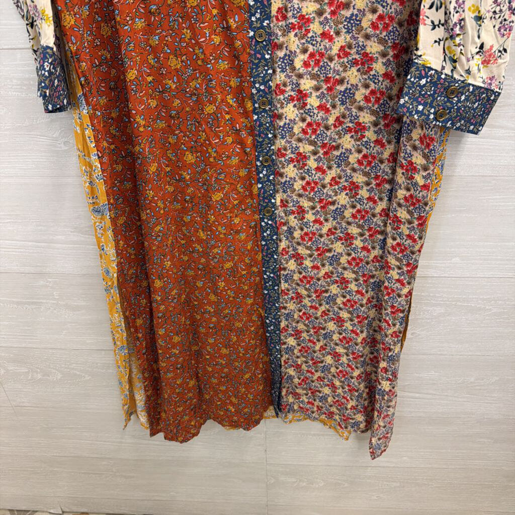 Natural Life Cream/ Multi Floral Print Long Sleeve Button Down Maxi Dress Large
