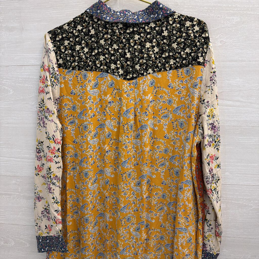 Natural Life Cream/ Multi Floral Print Long Sleeve Button Down Maxi Dress Large