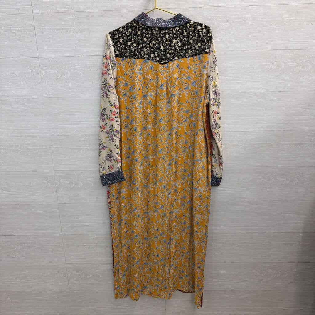 Natural Life Cream/ Multi Floral Print Long Sleeve Button Down Maxi Dress Large