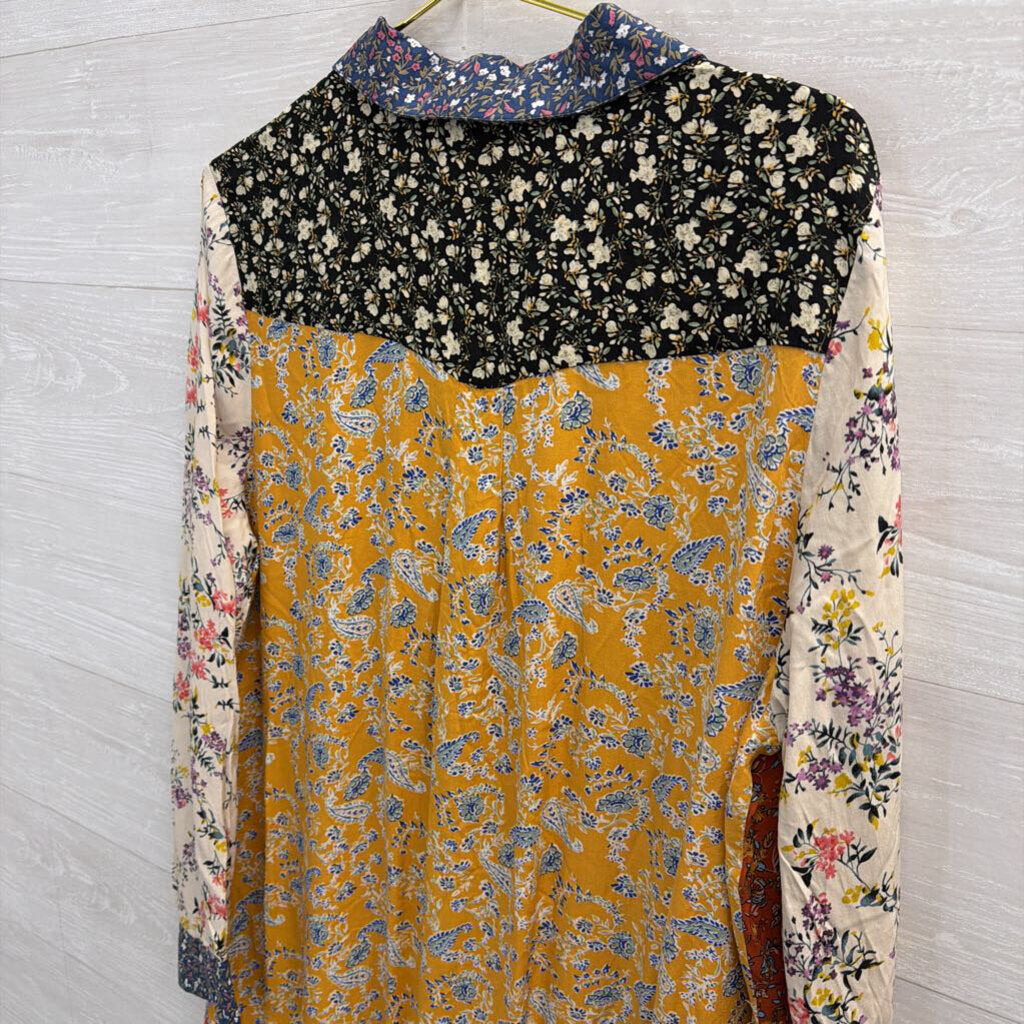 Natural Life Cream/ Multi Floral Print Long Sleeve Button Down Maxi Dress Large