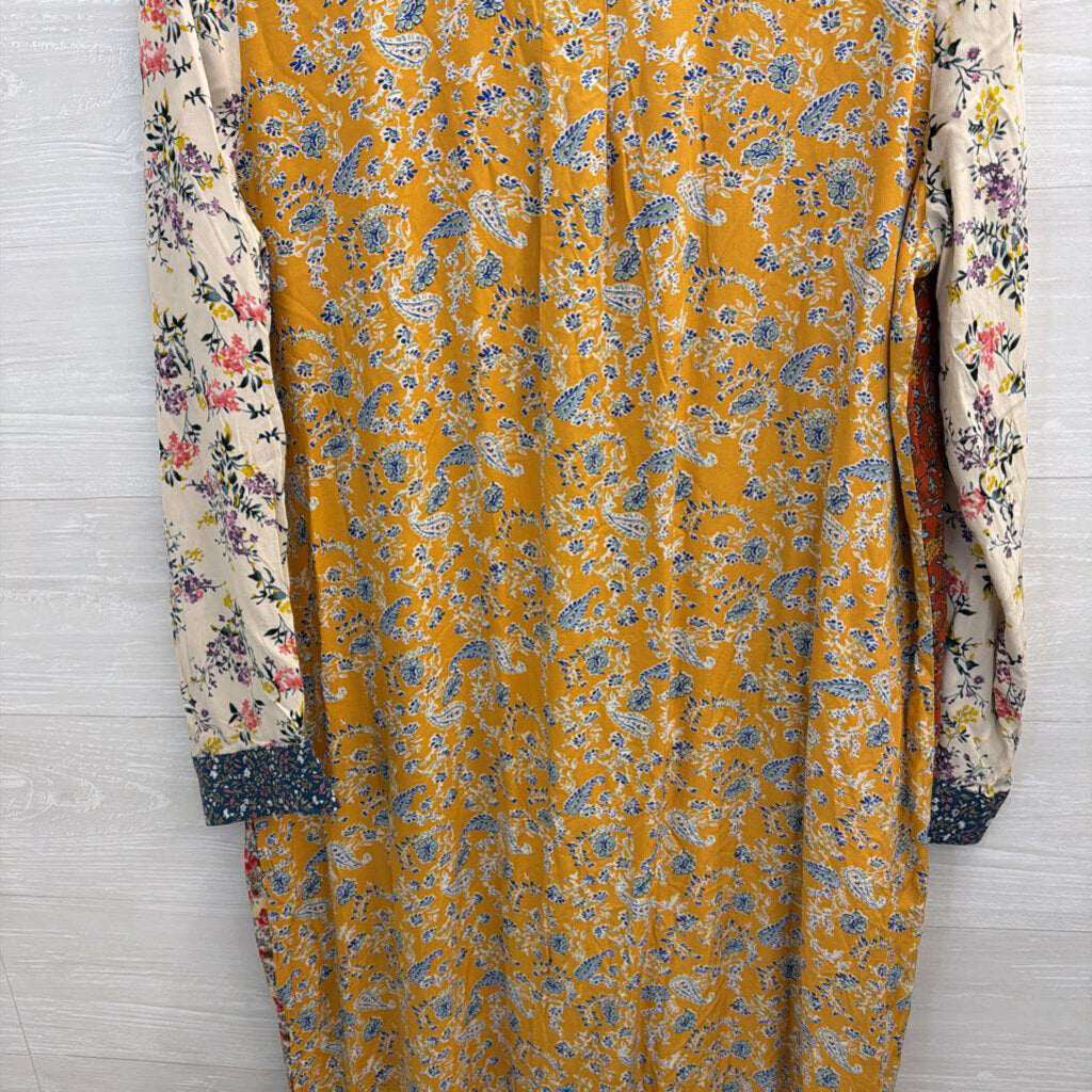 Natural Life Cream/ Multi Floral Print Long Sleeve Button Down Maxi Dress Large
