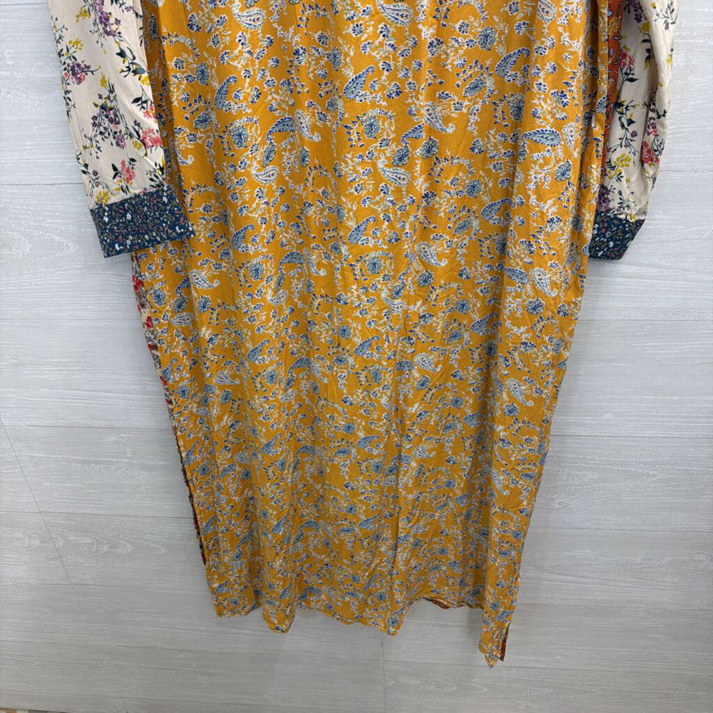 Natural Life Cream/ Multi Floral Print Long Sleeve Button Down Maxi Dress Large