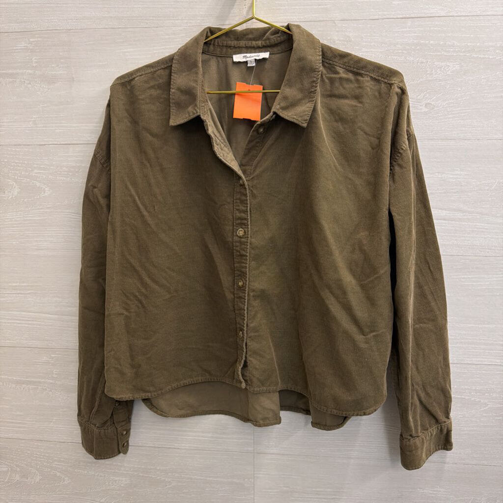 Madewell Green Corduroy Cropped Long Sleeve Button Down Top Large