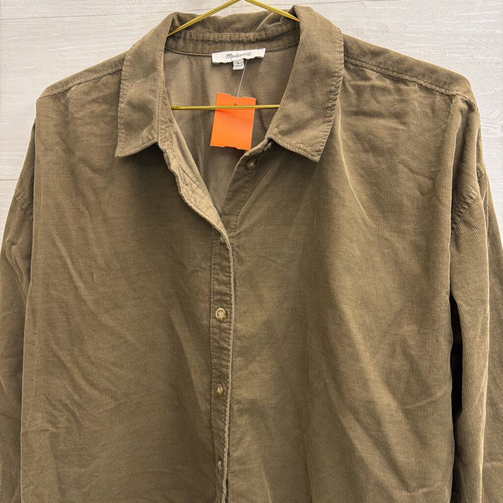 Madewell Green Corduroy Cropped Long Sleeve Button Down Top Large