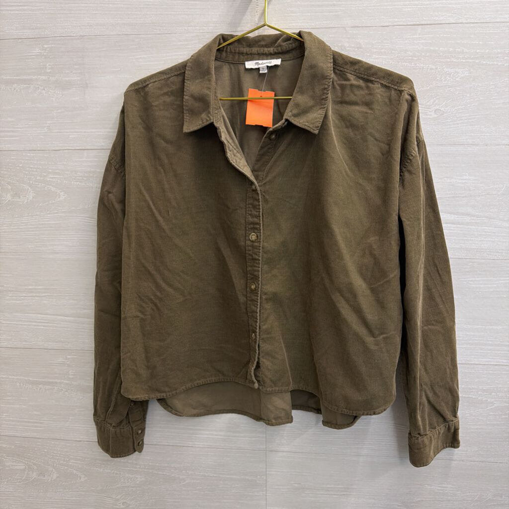 Madewell Green Corduroy Cropped Long Sleeve Button Down Top Large