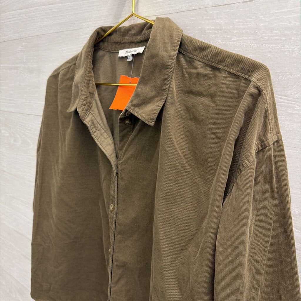 Madewell Green Corduroy Cropped Long Sleeve Button Down Top Large