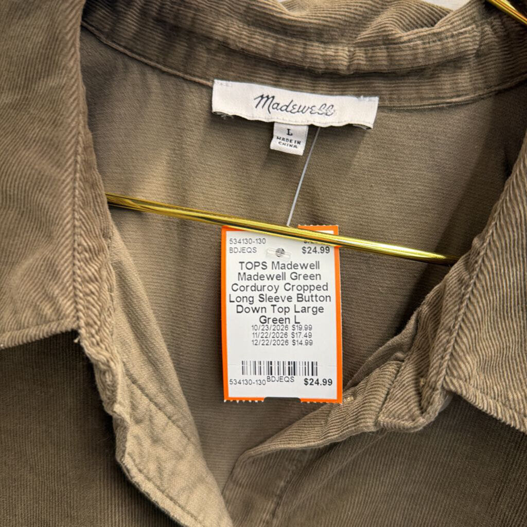 Madewell Green Corduroy Cropped Long Sleeve Button Down Top Large