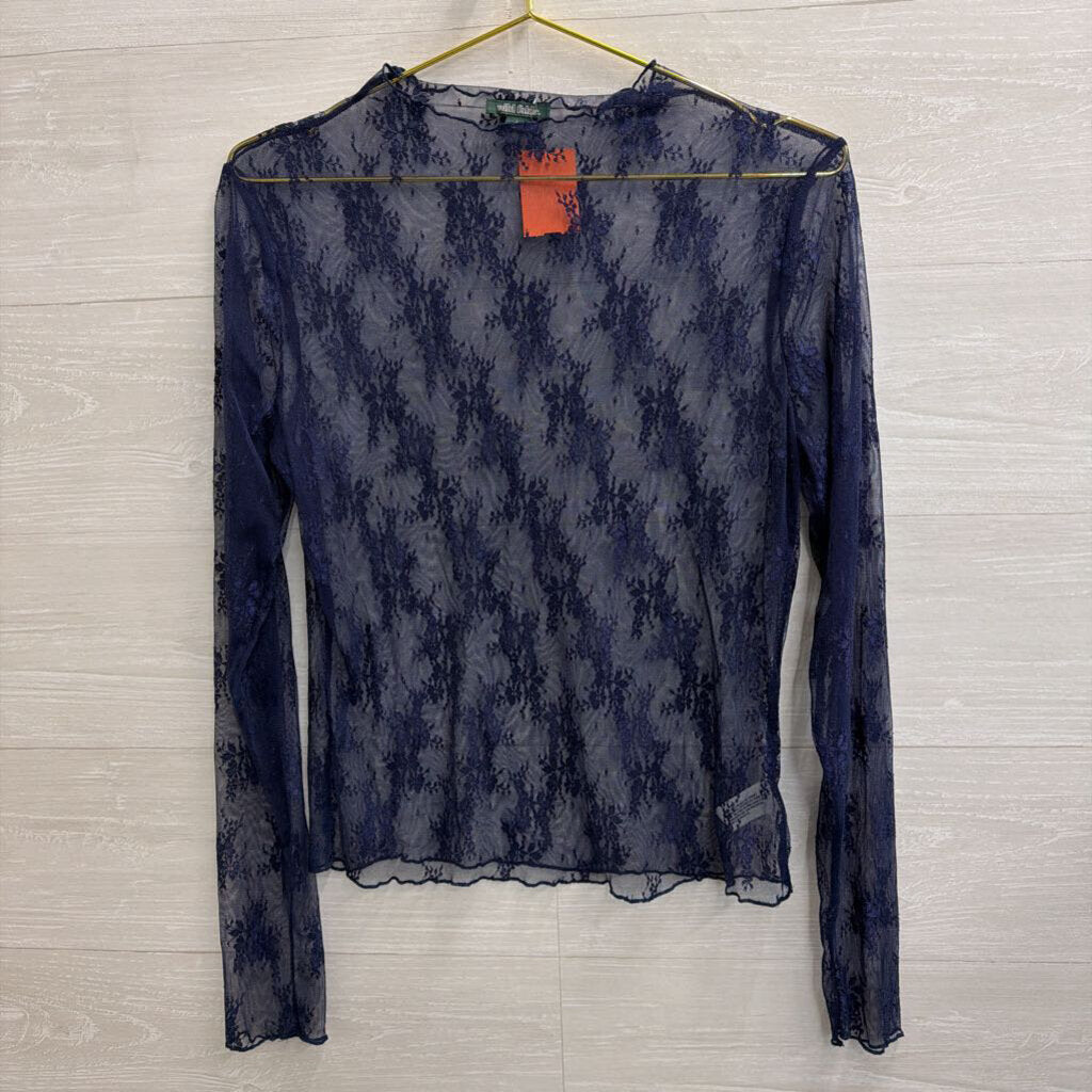 Navy Sheer Lace Mock Neck Long Sleeve Top Large
