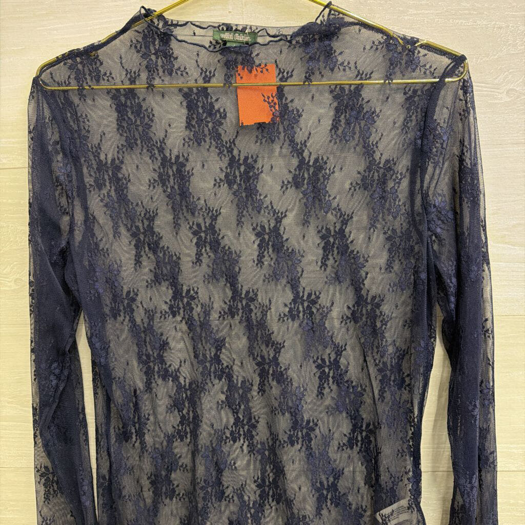 Navy Sheer Lace Mock Neck Long Sleeve Top Large