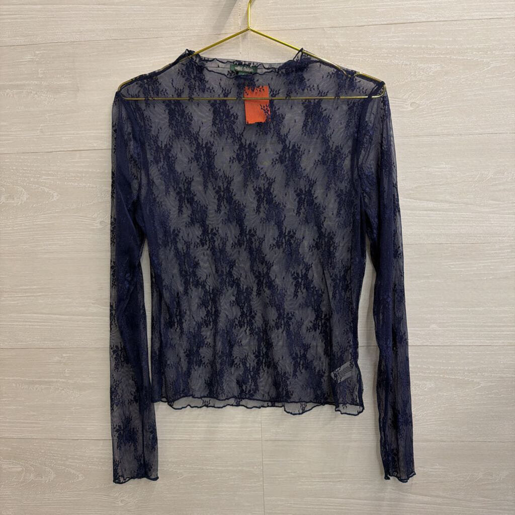 Navy Sheer Lace Mock Neck Long Sleeve Top Large