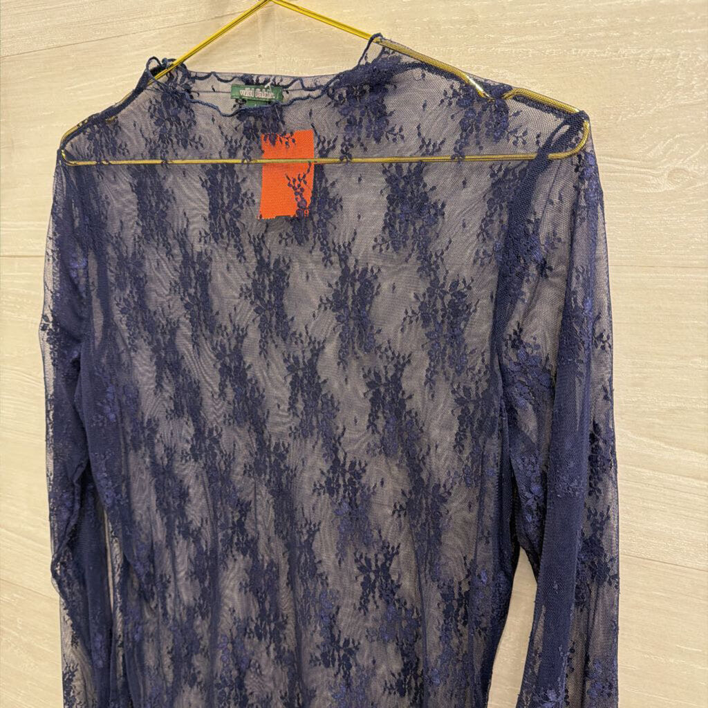 Navy Sheer Lace Mock Neck Long Sleeve Top Large