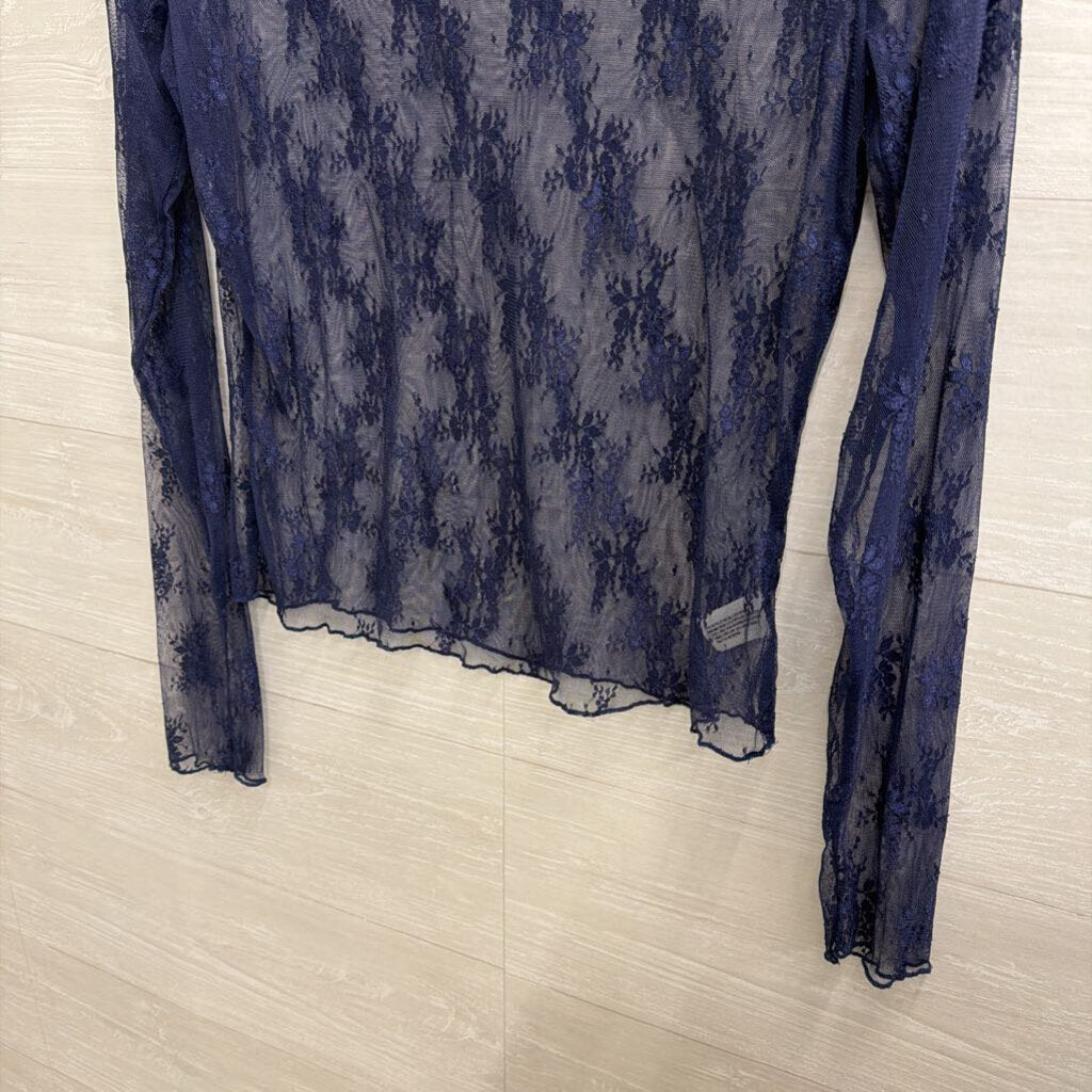 Navy Sheer Lace Mock Neck Long Sleeve Top Large