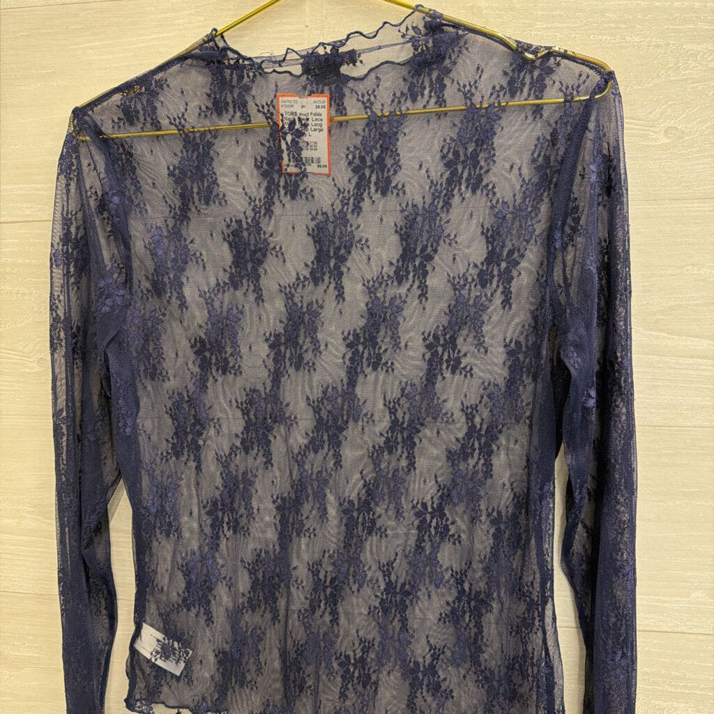 Navy Sheer Lace Mock Neck Long Sleeve Top Large