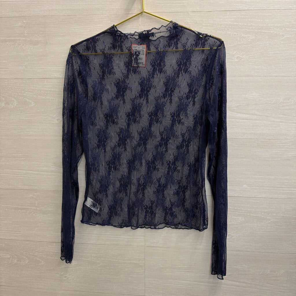 Navy Sheer Lace Mock Neck Long Sleeve Top Large
