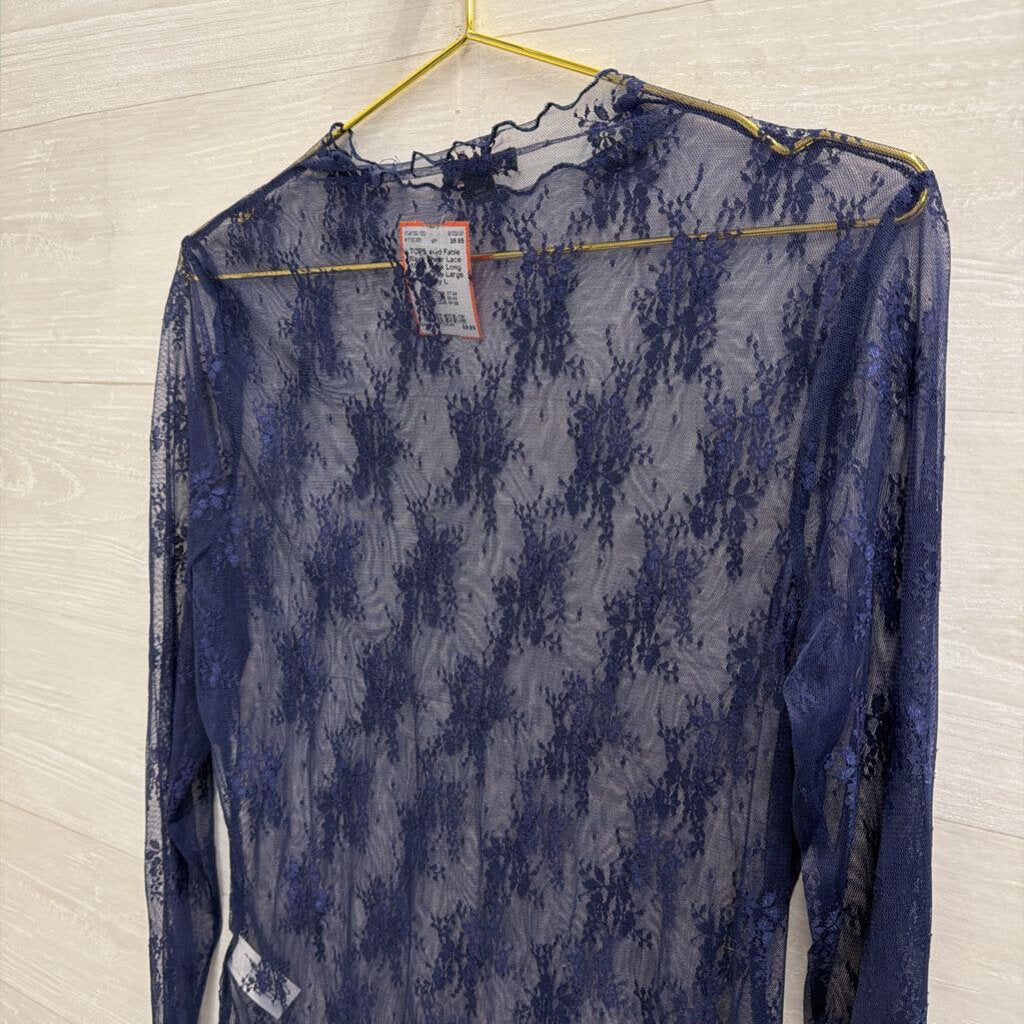 Navy Sheer Lace Mock Neck Long Sleeve Top Large