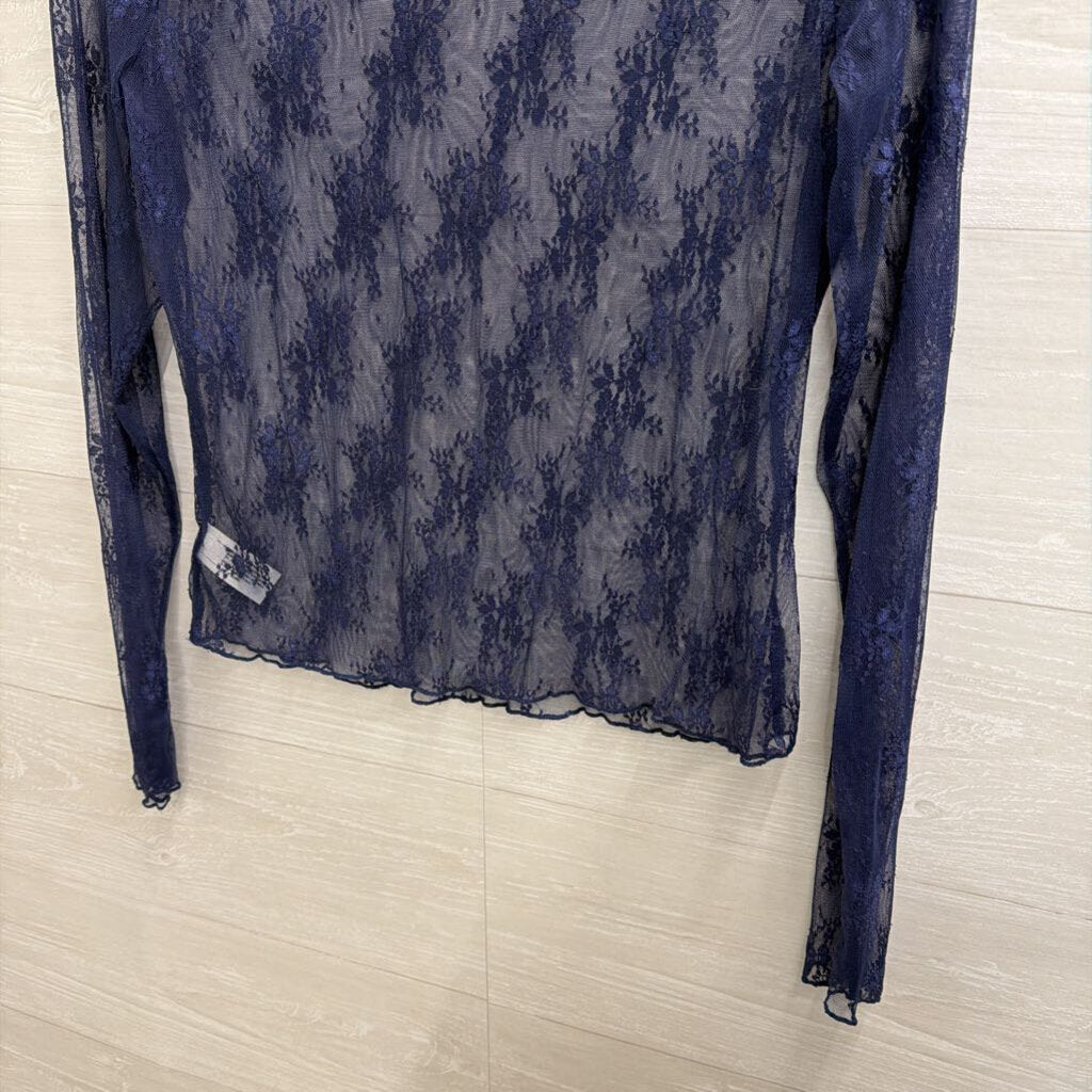 Navy Sheer Lace Mock Neck Long Sleeve Top Large