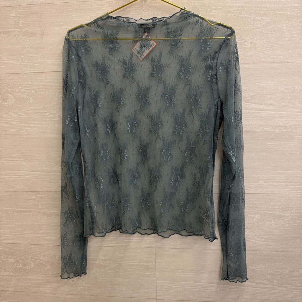 Blue Sheer Lace Mock Neck Long Sleeve Top Extra Large