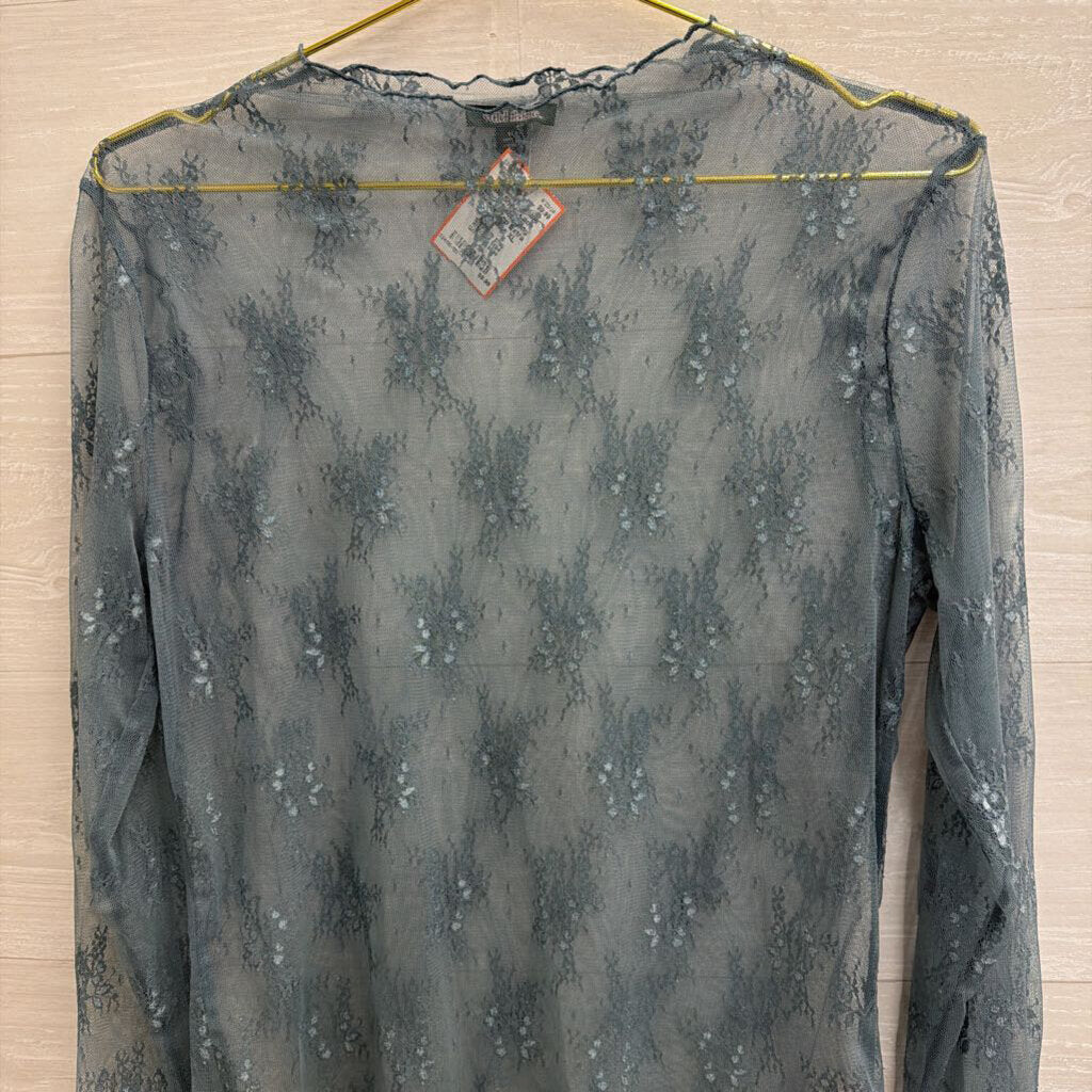 Blue Sheer Lace Mock Neck Long Sleeve Top Extra Large