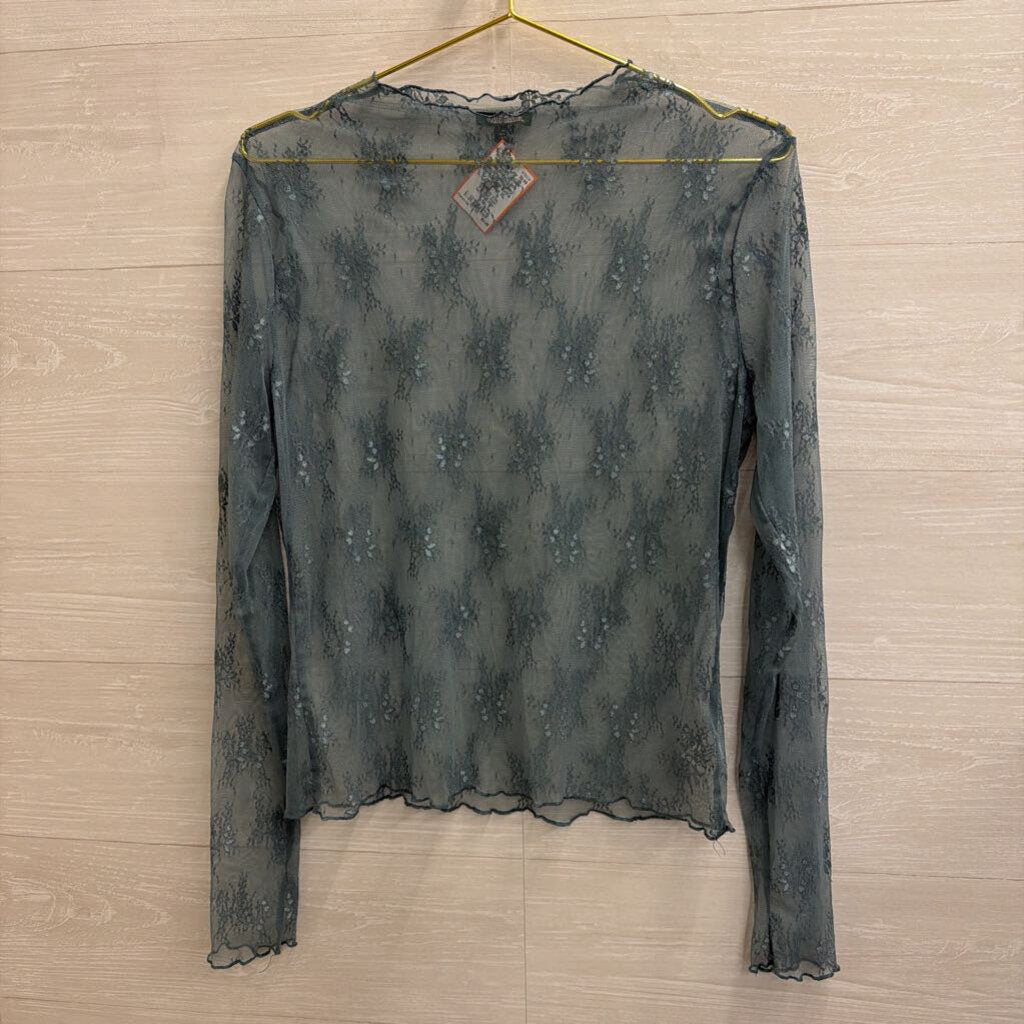 Blue Sheer Lace Mock Neck Long Sleeve Top Extra Large