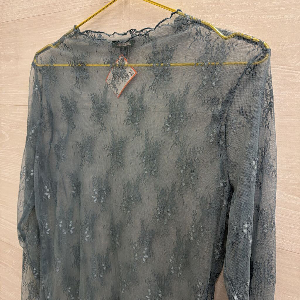 Blue Sheer Lace Mock Neck Long Sleeve Top Extra Large