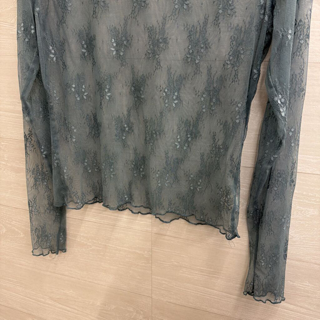 Blue Sheer Lace Mock Neck Long Sleeve Top Extra Large