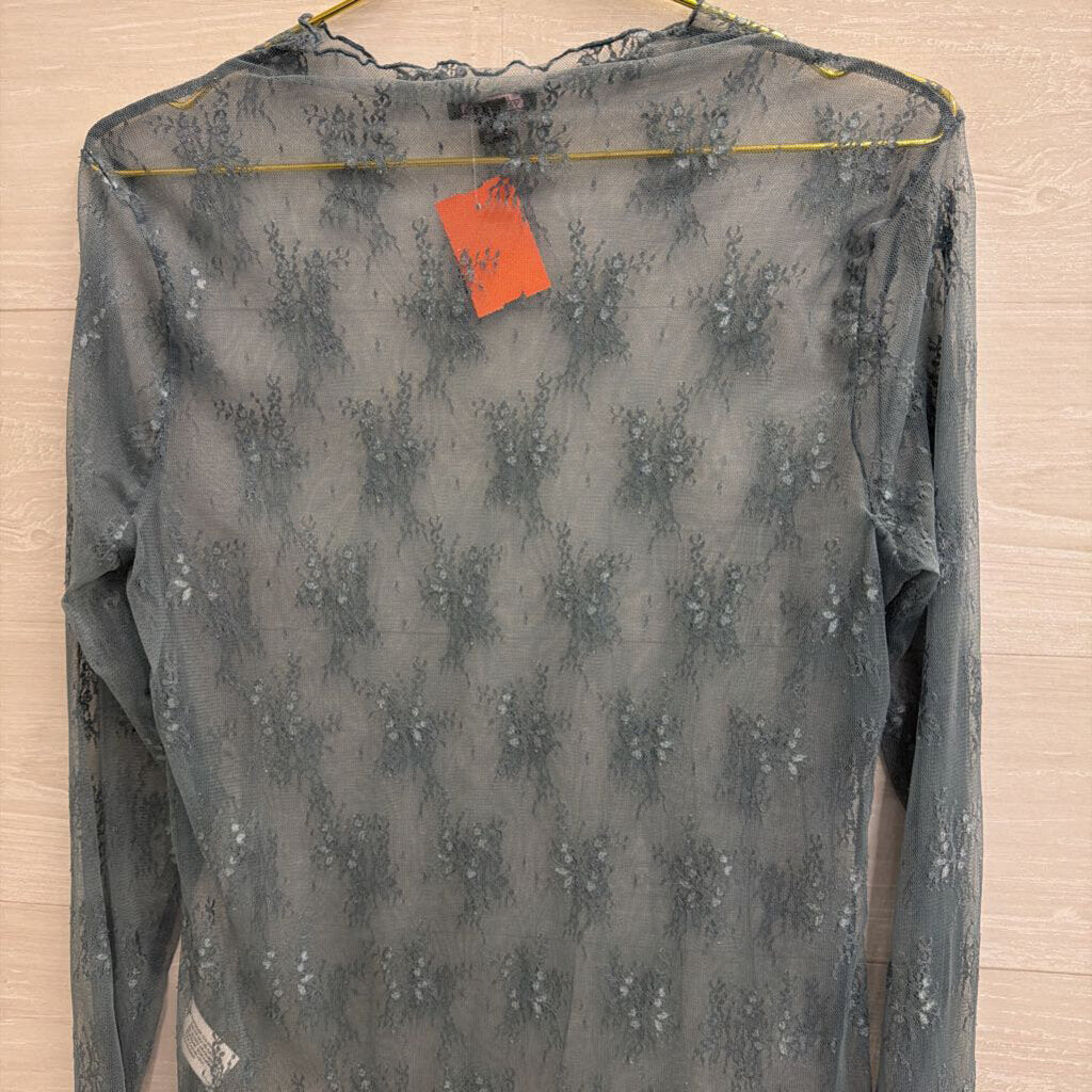 Blue Sheer Lace Mock Neck Long Sleeve Top Extra Large