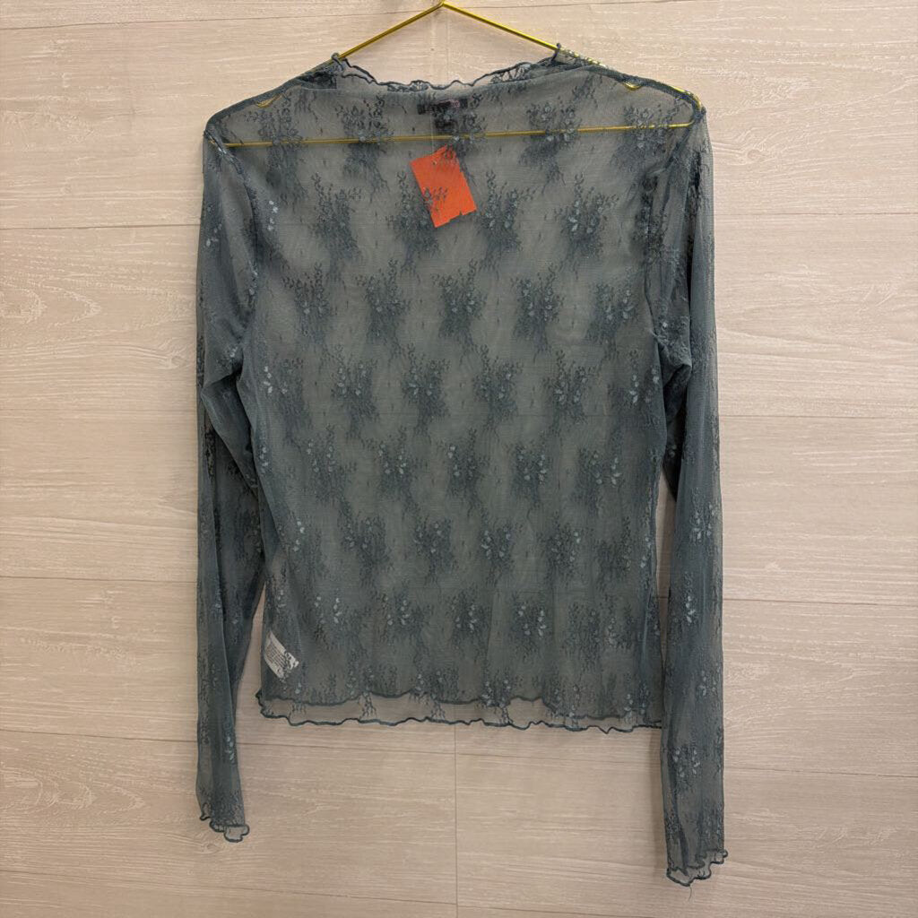 Blue Sheer Lace Mock Neck Long Sleeve Top Extra Large