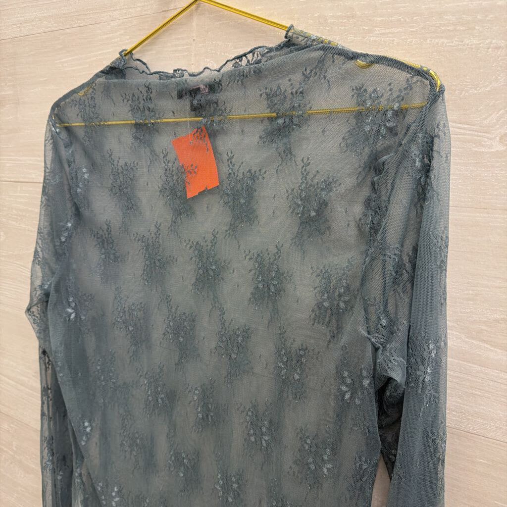 Blue Sheer Lace Mock Neck Long Sleeve Top Extra Large