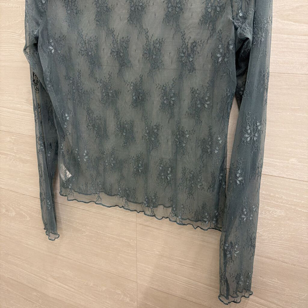 Blue Sheer Lace Mock Neck Long Sleeve Top Extra Large