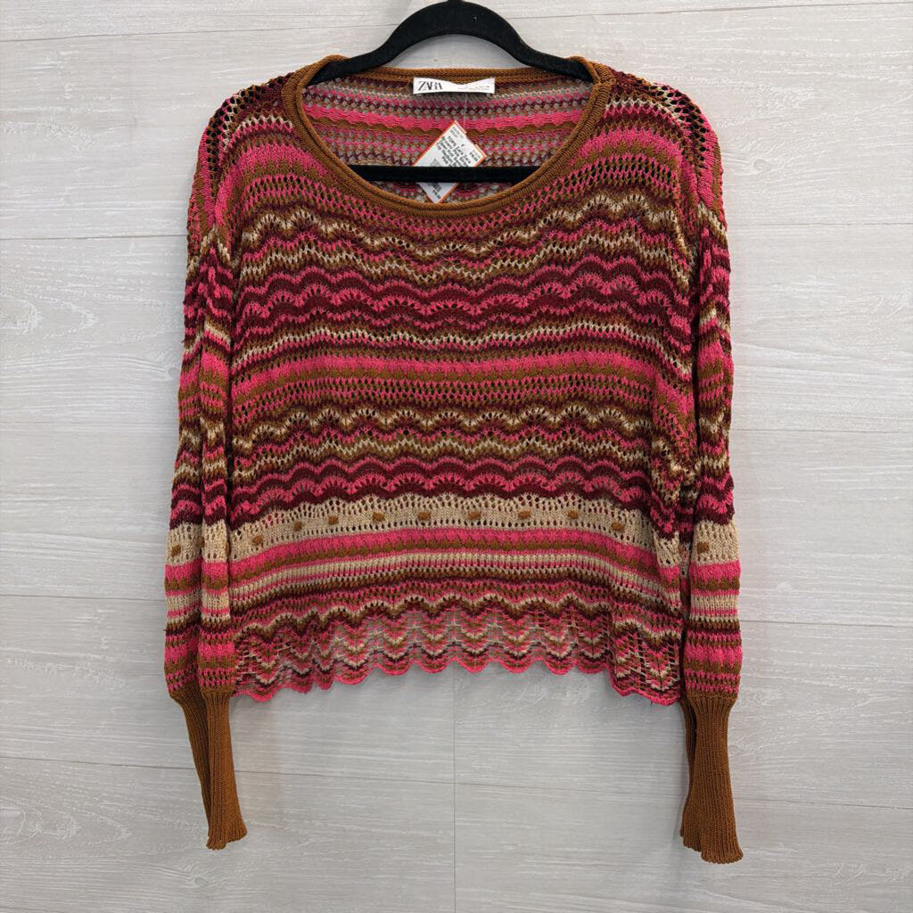 Zara Brown/ Pink Striped Open Knit Sweater Top Medium
