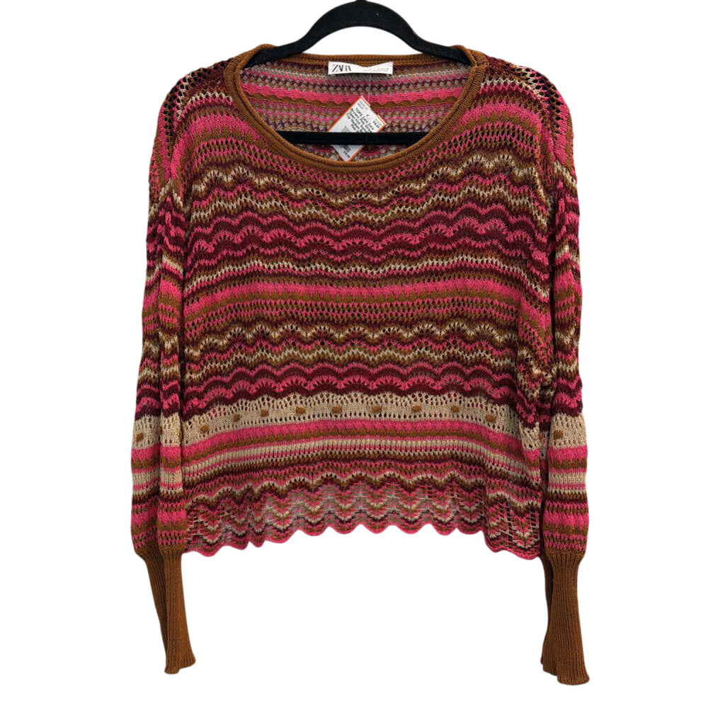 Zara Brown/ Pink Striped Open Knit Sweater Top Medium