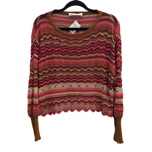 Zara Brown/ Pink Striped Open Knit Sweater Top Medium