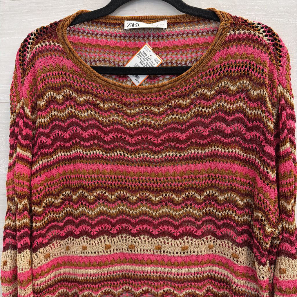 Zara Brown/ Pink Striped Open Knit Sweater Top Medium