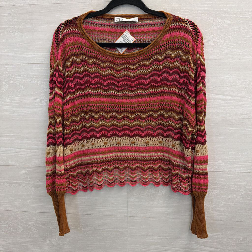Zara Brown/ Pink Striped Open Knit Sweater Top Medium