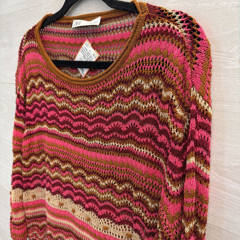 Zara Brown/ Pink Striped Open Knit Sweater Top Medium