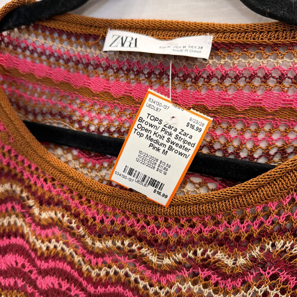 Zara Brown/ Pink Striped Open Knit Sweater Top Medium