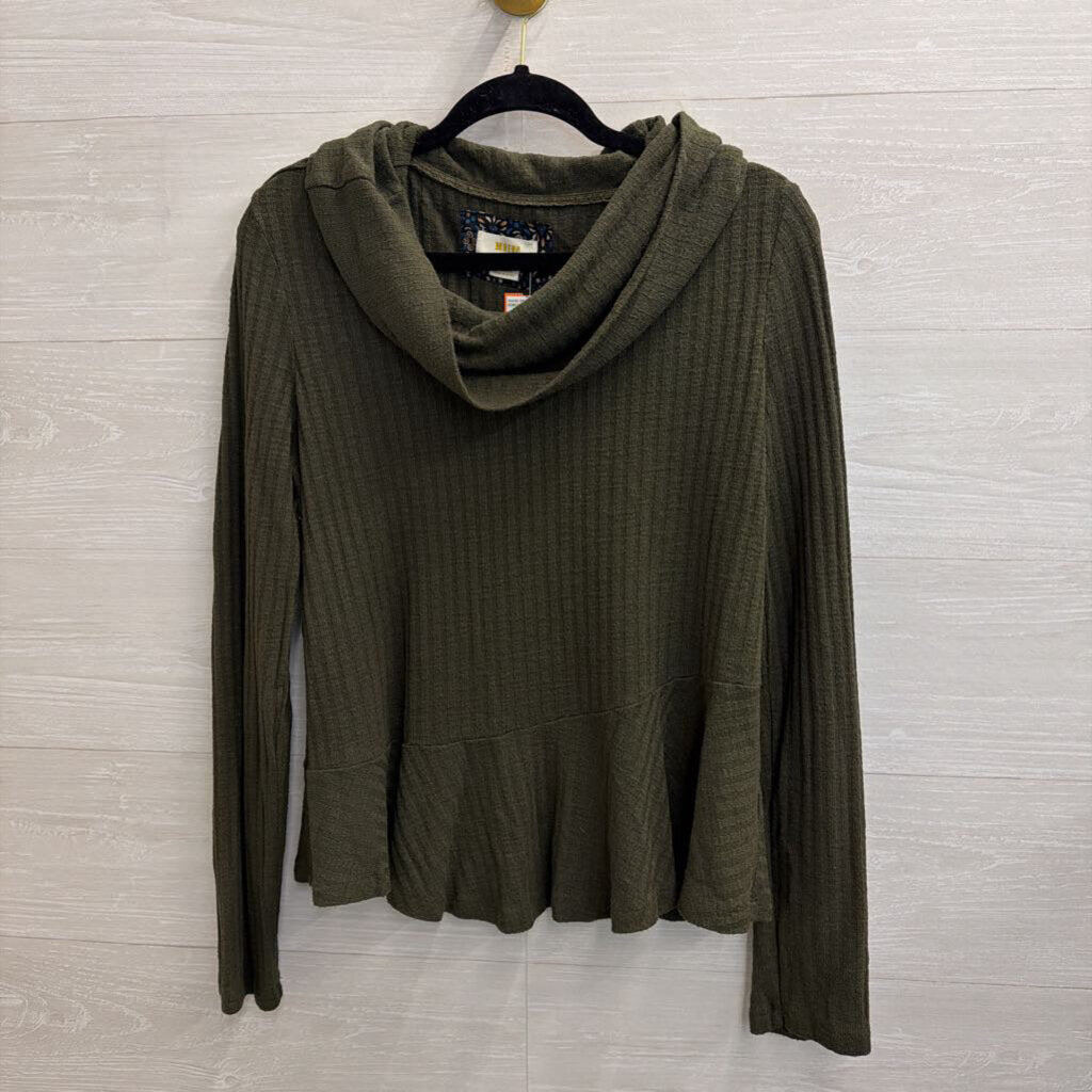 Maeve Green Ribbed Ruffle Hem Turtleneck Top Large