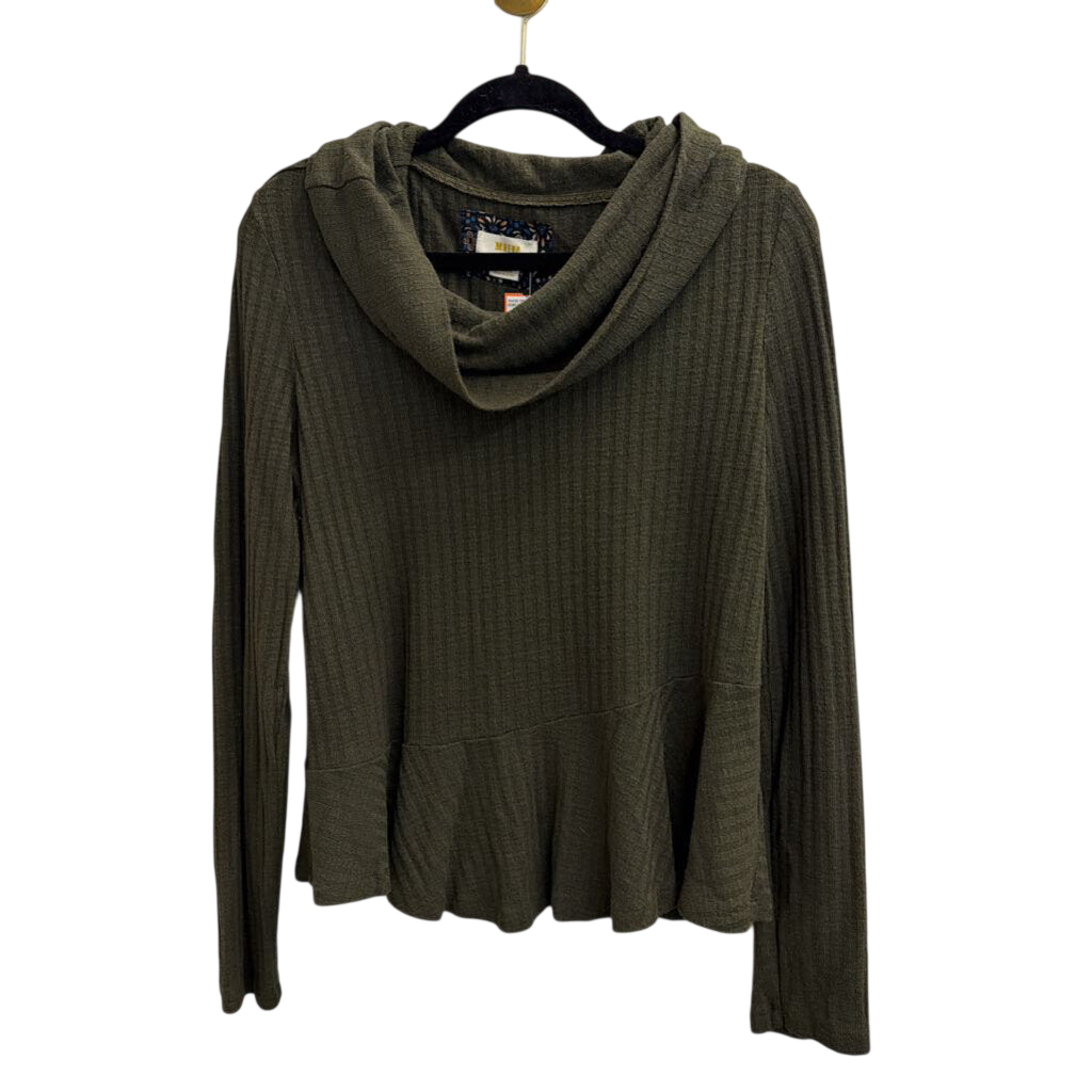 Maeve Green Ribbed Ruffle Hem Turtleneck Top Large