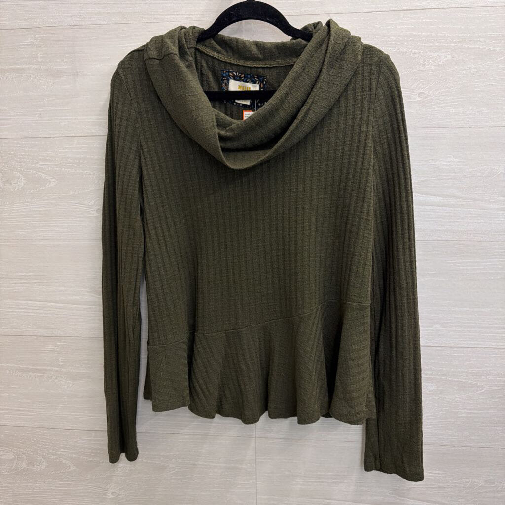 Maeve Green Ribbed Ruffle Hem Turtleneck Top Large