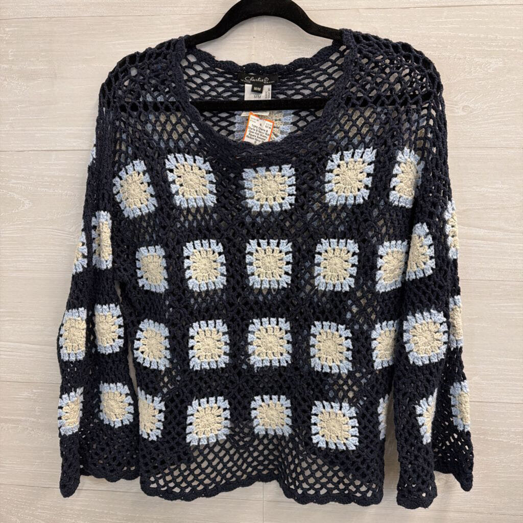 Charlie B Navy/ Multi Open Knit Granny Square Sweater Medium