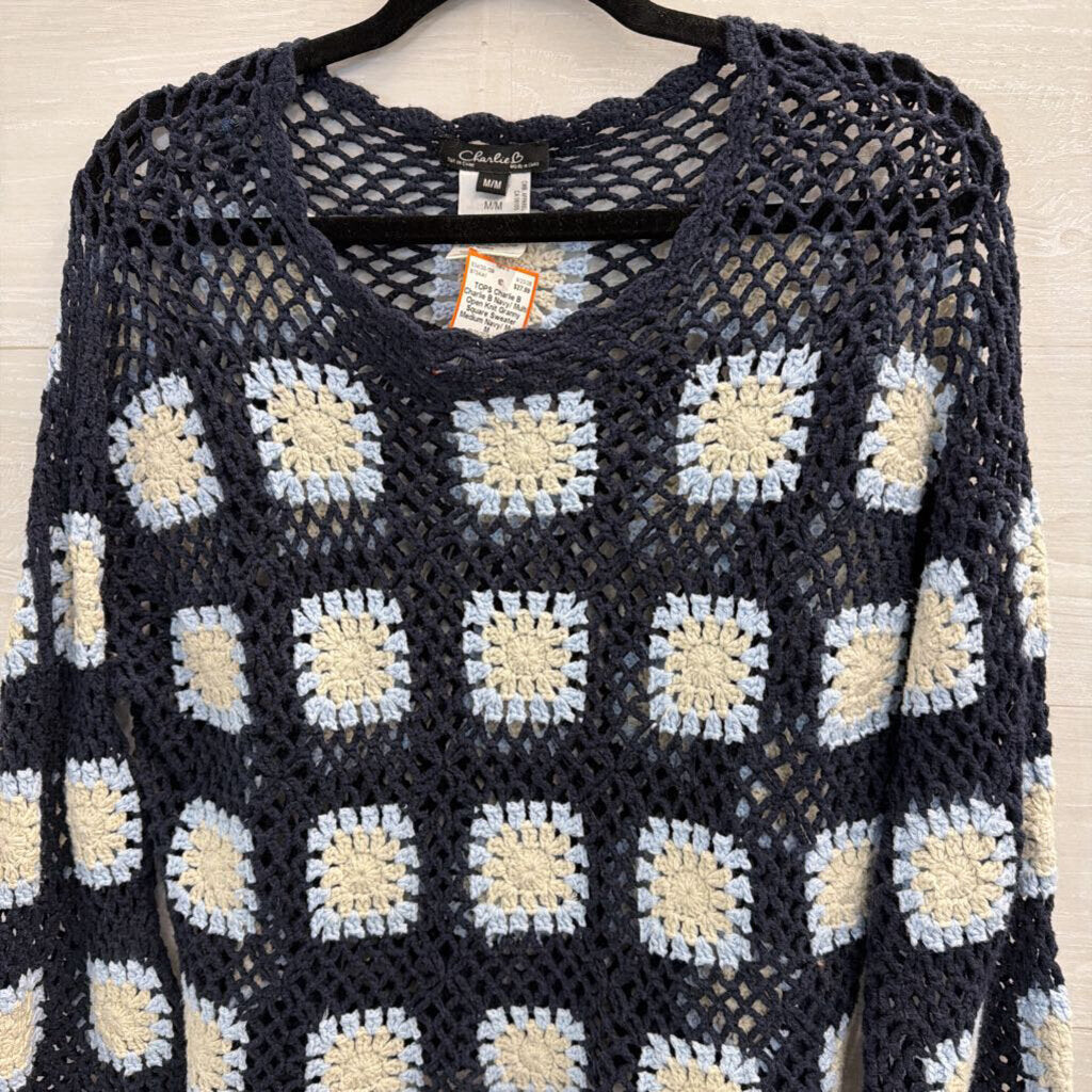 Charlie B Navy/ Multi Open Knit Granny Square Sweater Medium