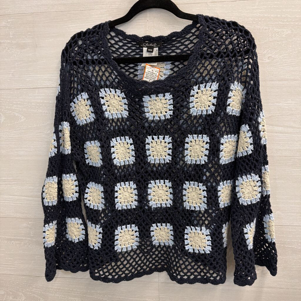 Charlie B Navy/ Multi Open Knit Granny Square Sweater Medium