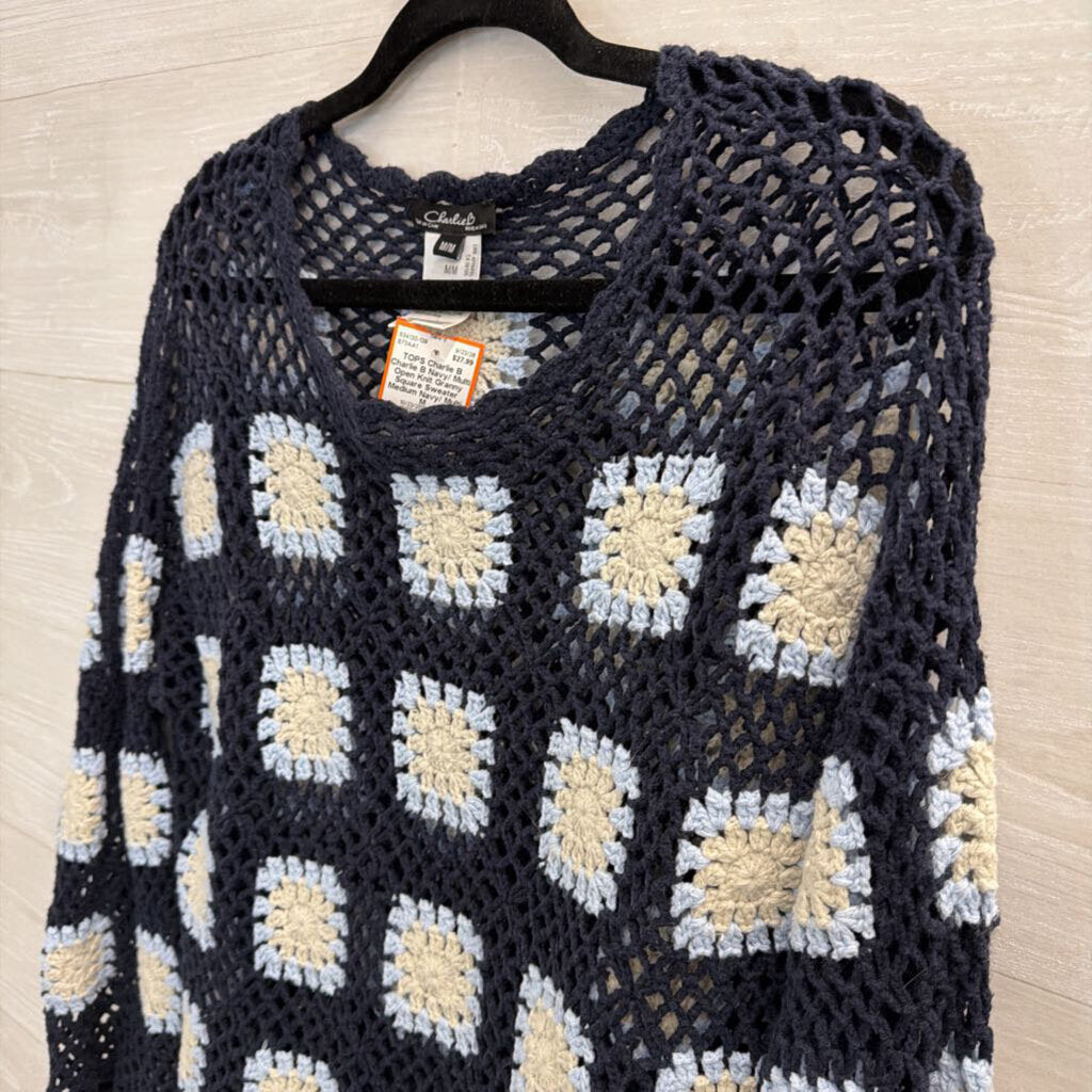 Charlie B Navy/ Multi Open Knit Granny Square Sweater Medium