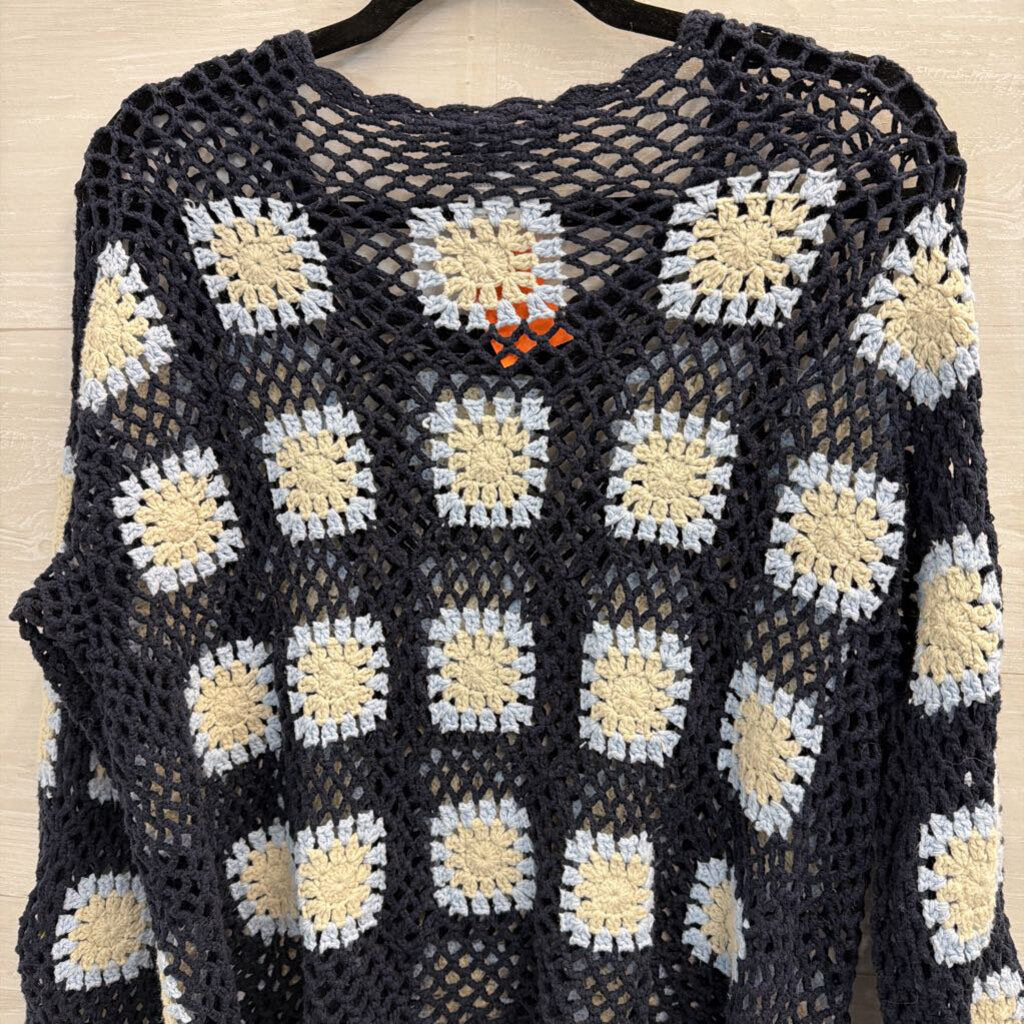 Charlie B Navy/ Multi Open Knit Granny Square Sweater Medium