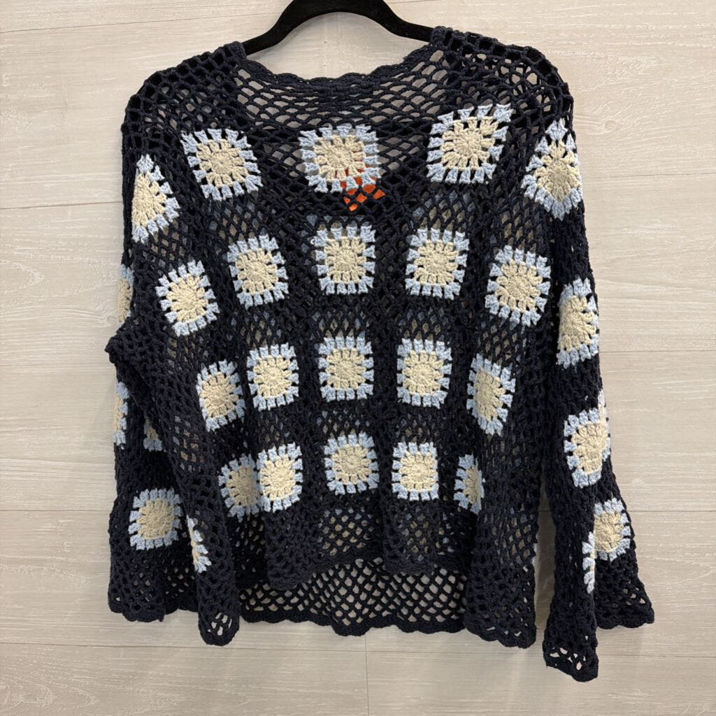 Charlie B Navy/ Multi Open Knit Granny Square Sweater Medium