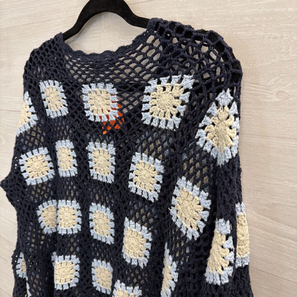 Charlie B Navy/ Multi Open Knit Granny Square Sweater Medium